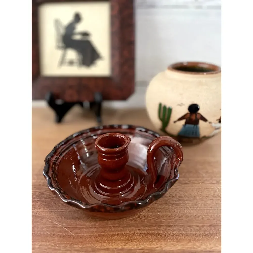 Vintage 1981 Signed Artisan Studio Pottery Chamberstick Candle Holder Brown